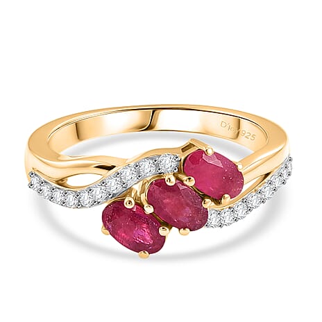 Royal Bali Collection - D'Joy African Ruby & White Zircon Trilogy Ring in 18K Vermeil Yellow Gold Plated Sterling Silver 1.37 Ct.