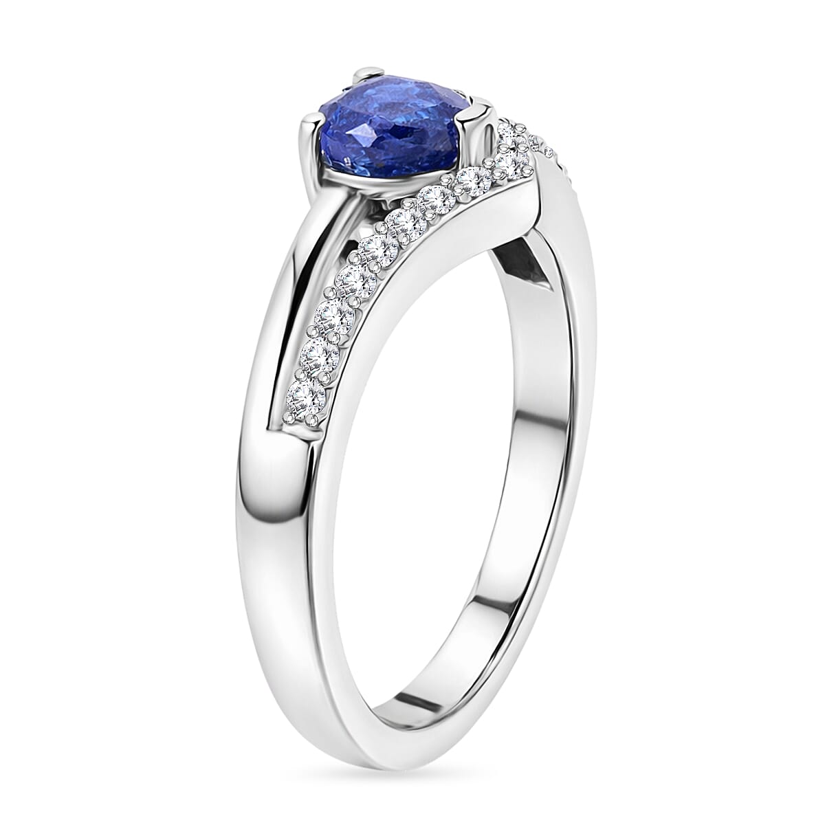 D'Joy Fissure Filled Blue Sapphire, White Zircon Fancy Ring in Rhodium OverlaySterling Silver  1.048  Ct.