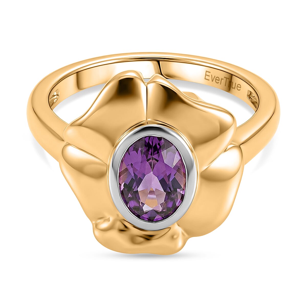EverTrue - African Amethyst Solitaire Floral Ring in Yellow Gold Tone