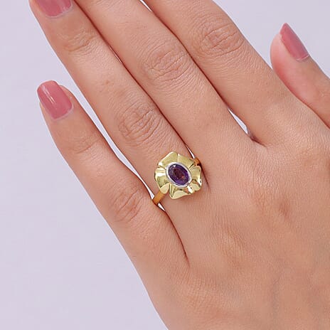 EverTrue - African Amethyst Solitaire Floral Ring in Yellow Gold Tone