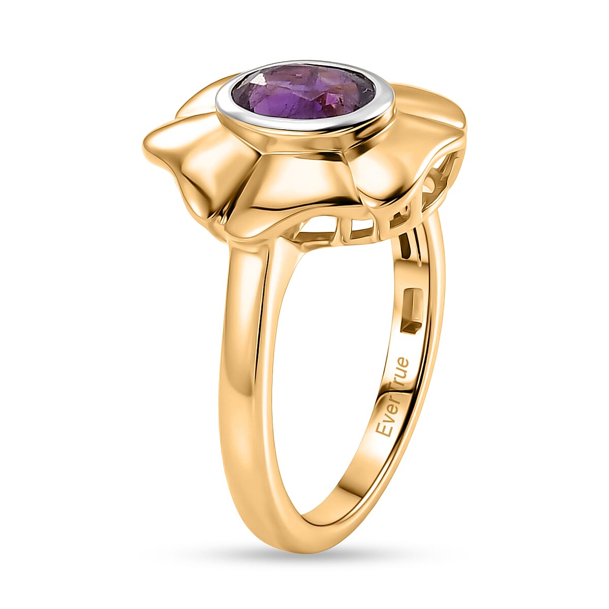 EverTrue - African Amethyst Solitaire Floral Ring in Yellow Gold Tone