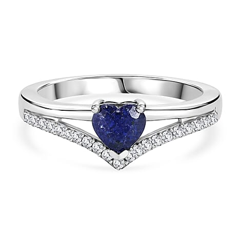 Royal Bali Collection - D'Joy Fissure Filled Blue Sapphire & White Zircon Wishbone Heart Ring in Rhodium Overlay Sterling Silver 1.05 Ct.