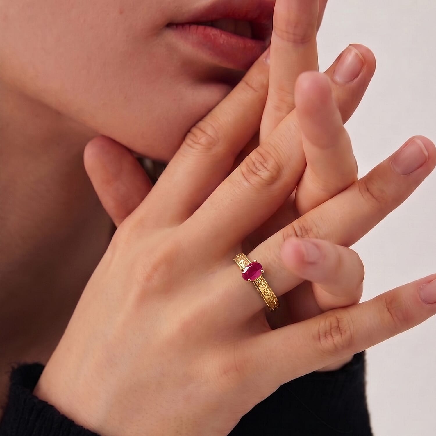 Royal Bali Collection - D'Joy African Ruby Solitaire Ring in 18K Vermeil Yellow Gold Plated Sterling Silver 1.15 Ct.