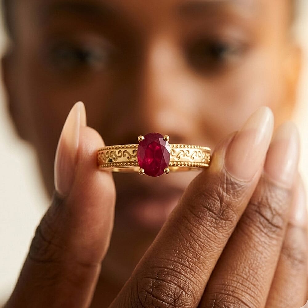 Royal Bali Collection - D'Joy African Ruby Solitaire Ring in 18K Vermeil Yellow Gold Plated Sterling Silver 1.15 Ct.