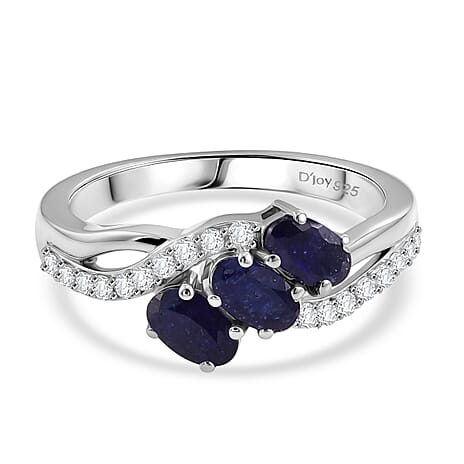 Royal Bali Collection - D'Joy Fissure Filled Blue Sapphire & White Zircon Trilogy Ring in Rhodium Overlay Sterling Silver 1.43 Ct.