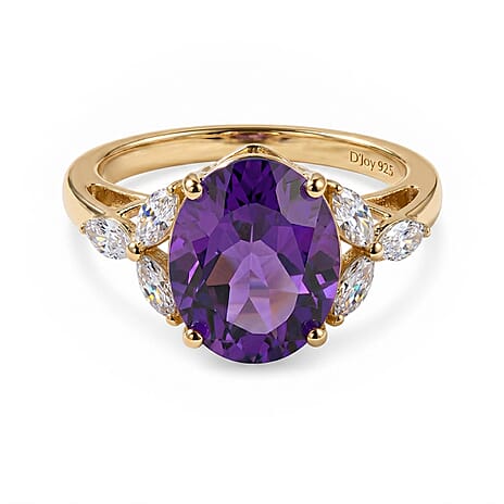 Royal Bali Collection - D'Joy African Amethyst & Moissanite Solitaire Ring in 18K Vermeil Yellow Gold Plated Sterling Silver 3.60 Ct.