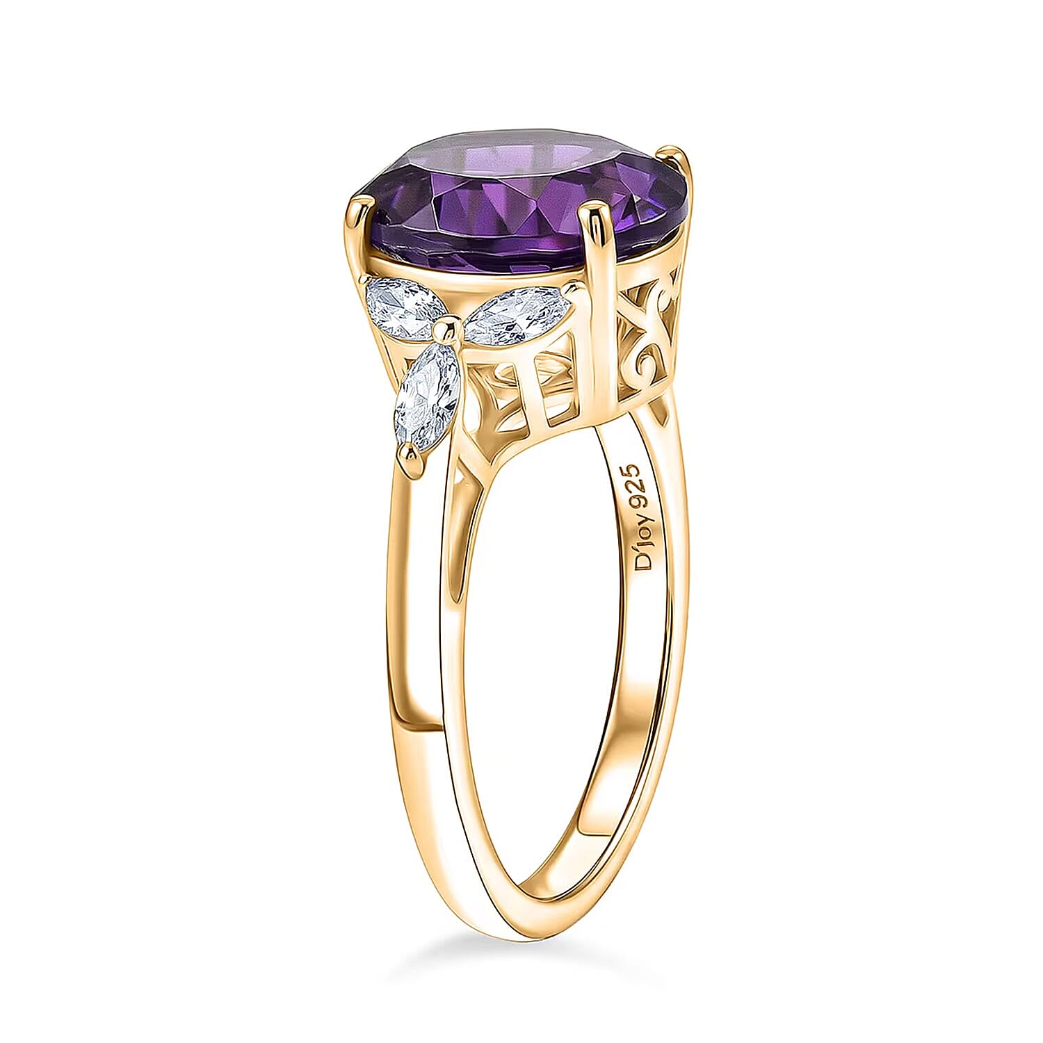 D'Joy African Amethyst Moissanite Main Stone With Side Stone Ring in Sterling Silver