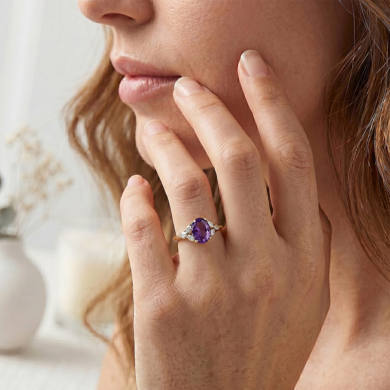 D'Joy African Amethyst Moissanite Main Stone With Side Stone Ring in Sterling Silver