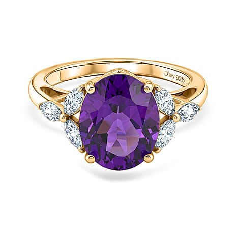 Royal Bali Collection - D'Joy African Amethyst & Moissanite Solitaire Ring in 18K Vermeil Yellow Gold Plated Sterling Silver 3.60 Ct.