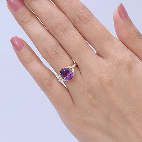 Royal Bali Collection - D'Joy African Amethyst & Moissanite Solitaire Ring in 18K Vermeil Yellow Gold Plated Sterling Silver 3.60 Ct.