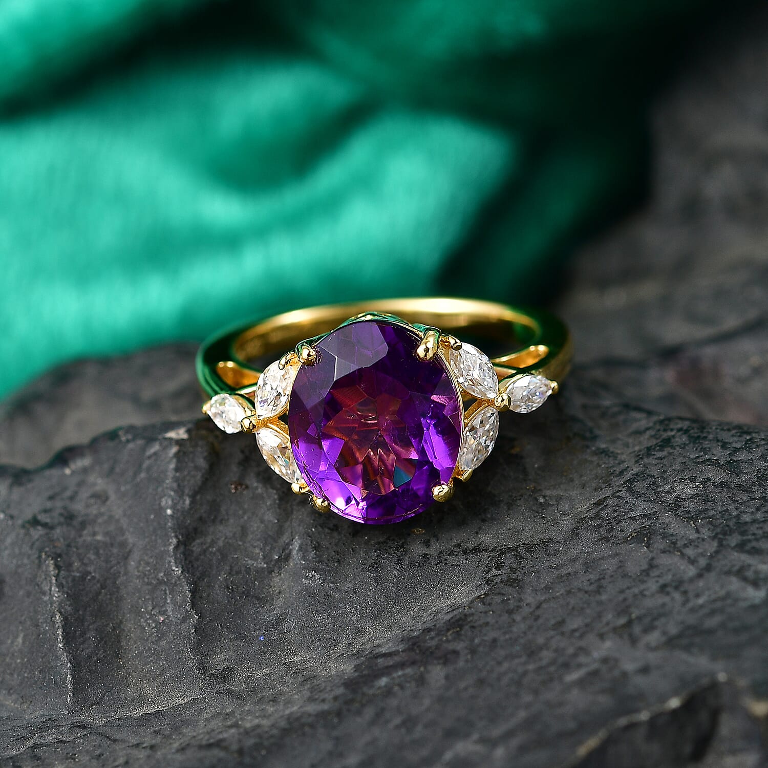 Royal Bali Collection - D'Joy African Amethyst & Moissanite Solitaire Ring in 18K Vermeil Yellow Gold Plated Sterling Silver 3.60 Ct.