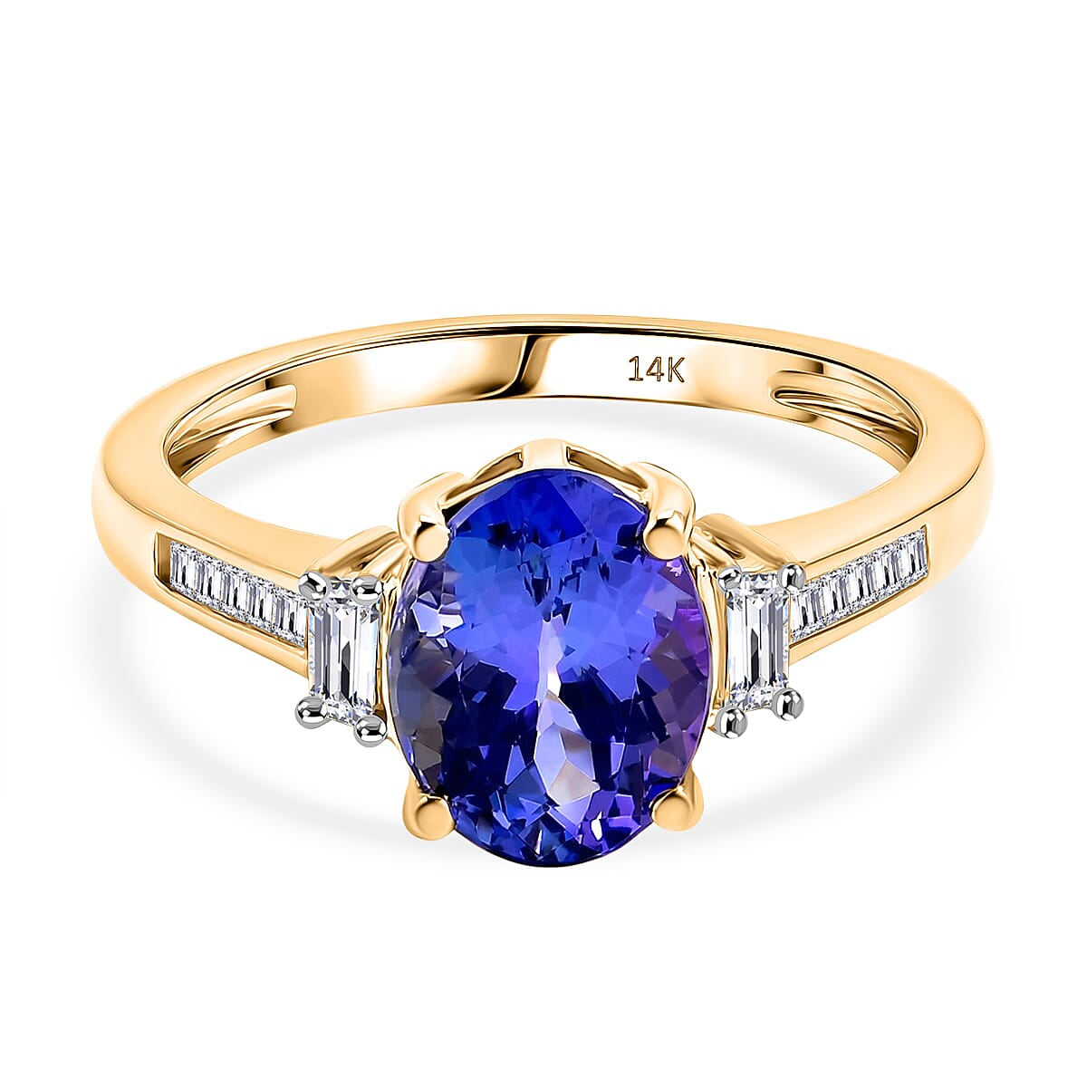 14K Yellow Gold AAA Tanzanite & Natural White Diamond Solitaire Ring 2.00 Ct