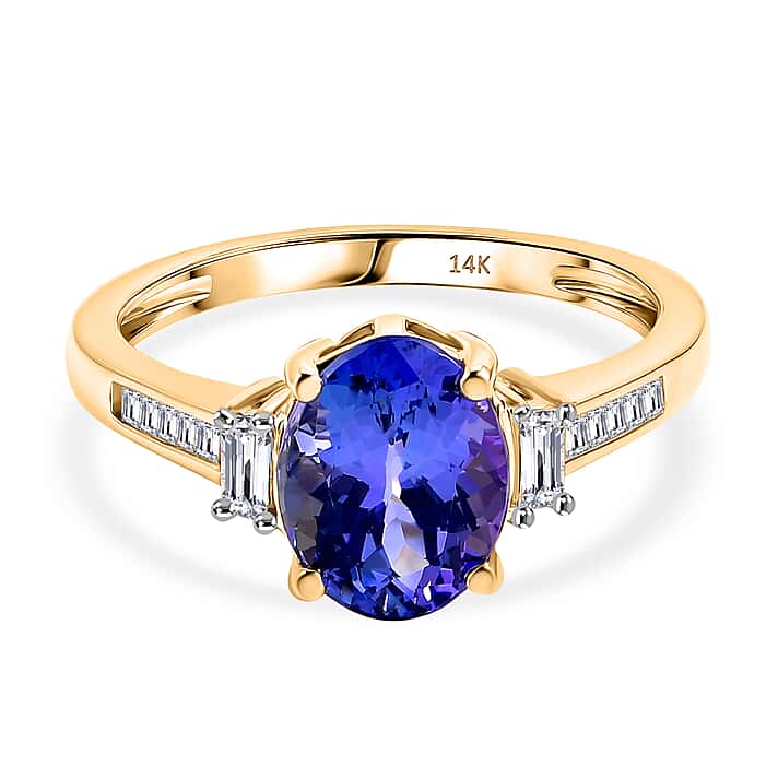 14K Yellow Gold AAA Tanzanite & Natural White Diamond Solitaire Ring 2.00 Ct