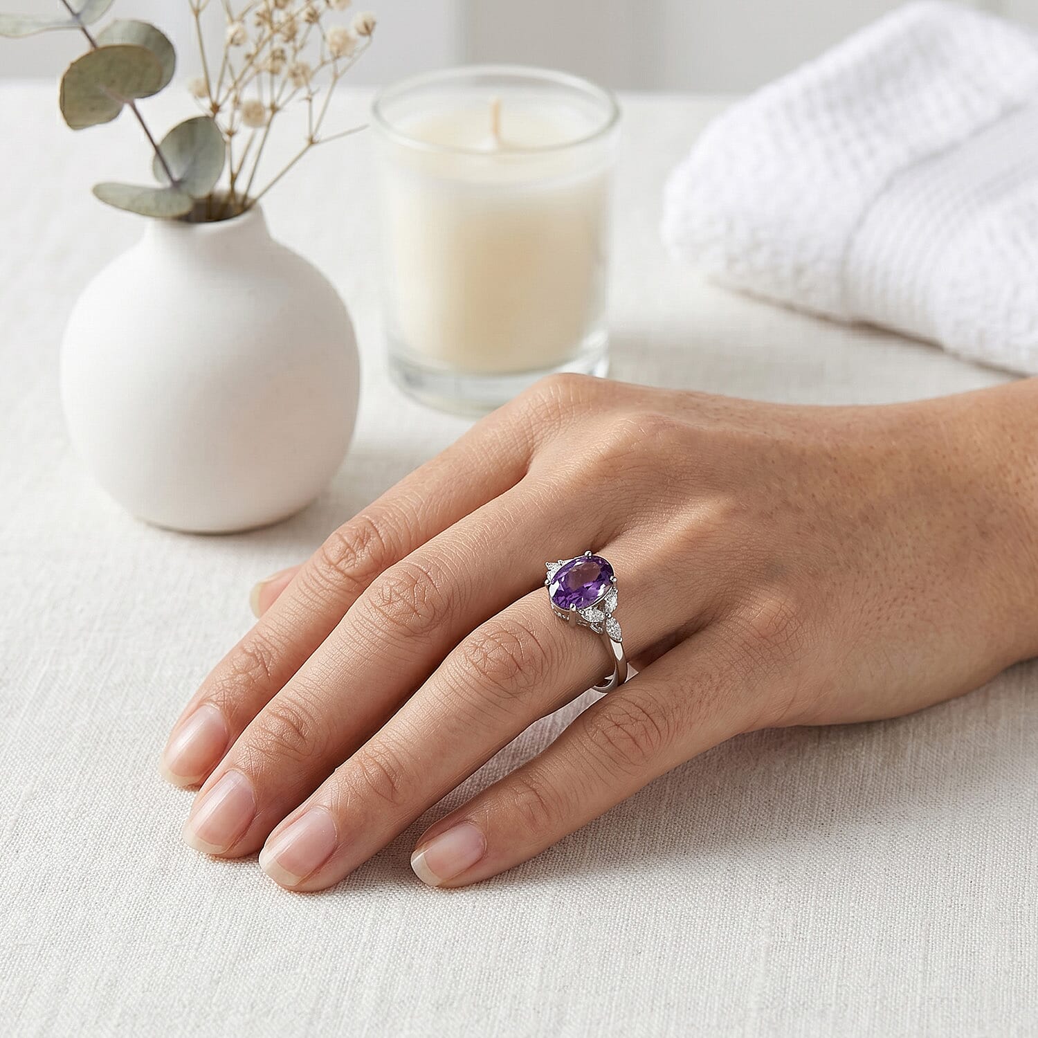 Royal Bali Collection - D'Joy African Amethyst & Moissanite Solitaire Ring in Rhodium Overlay Sterling Silver 3.64 Ct.
