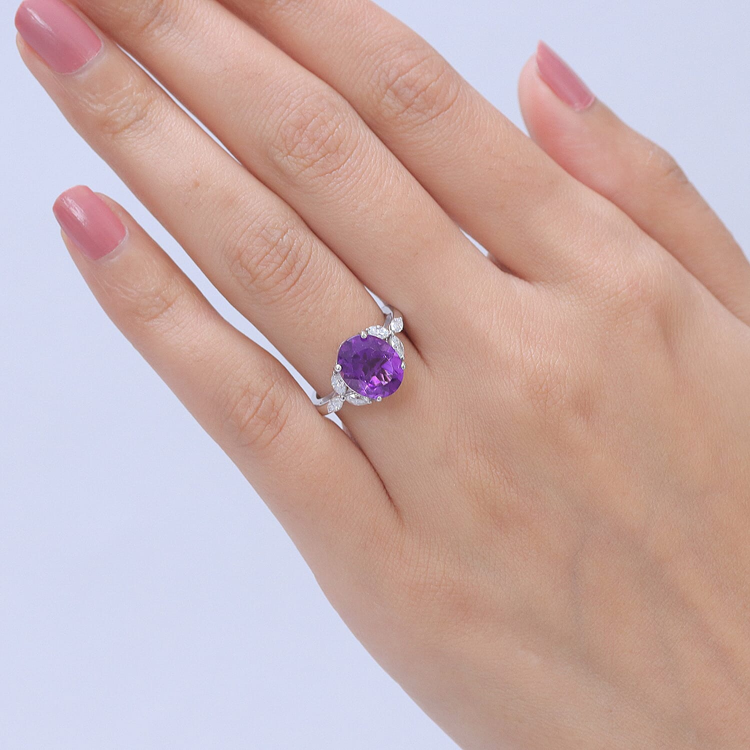 Royal Bali Collection - D'Joy African Amethyst & Moissanite Solitaire Ring in Rhodium Overlay Sterling Silver 3.64 Ct.