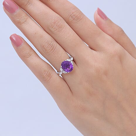 Royal Bali Collection - D'Joy African Amethyst & Moissanite Solitaire Ring in Rhodium Overlay Sterling Silver 3.64 Ct.