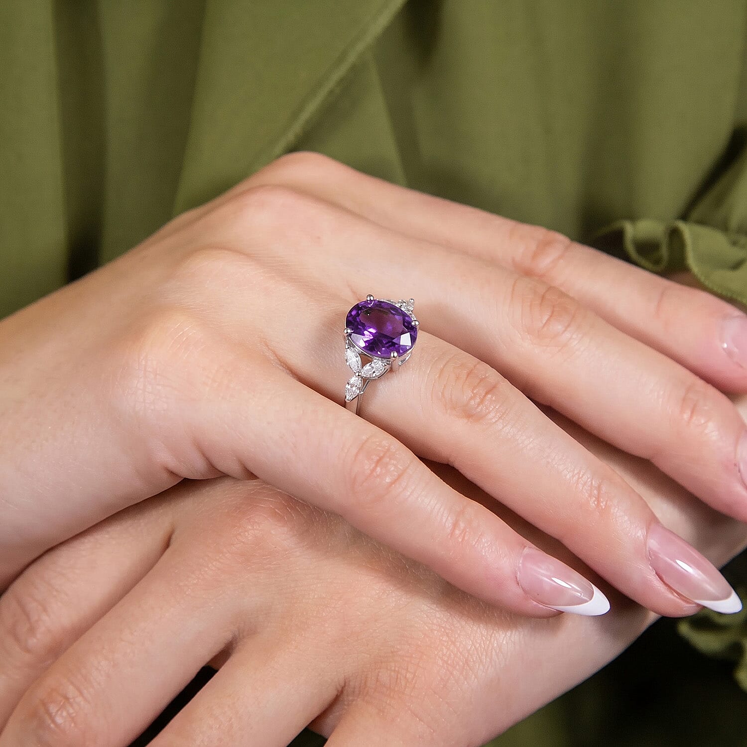 D'Joy African Amethyst Moissanite Main Stone With Side Stone Ring in Sterling Silver