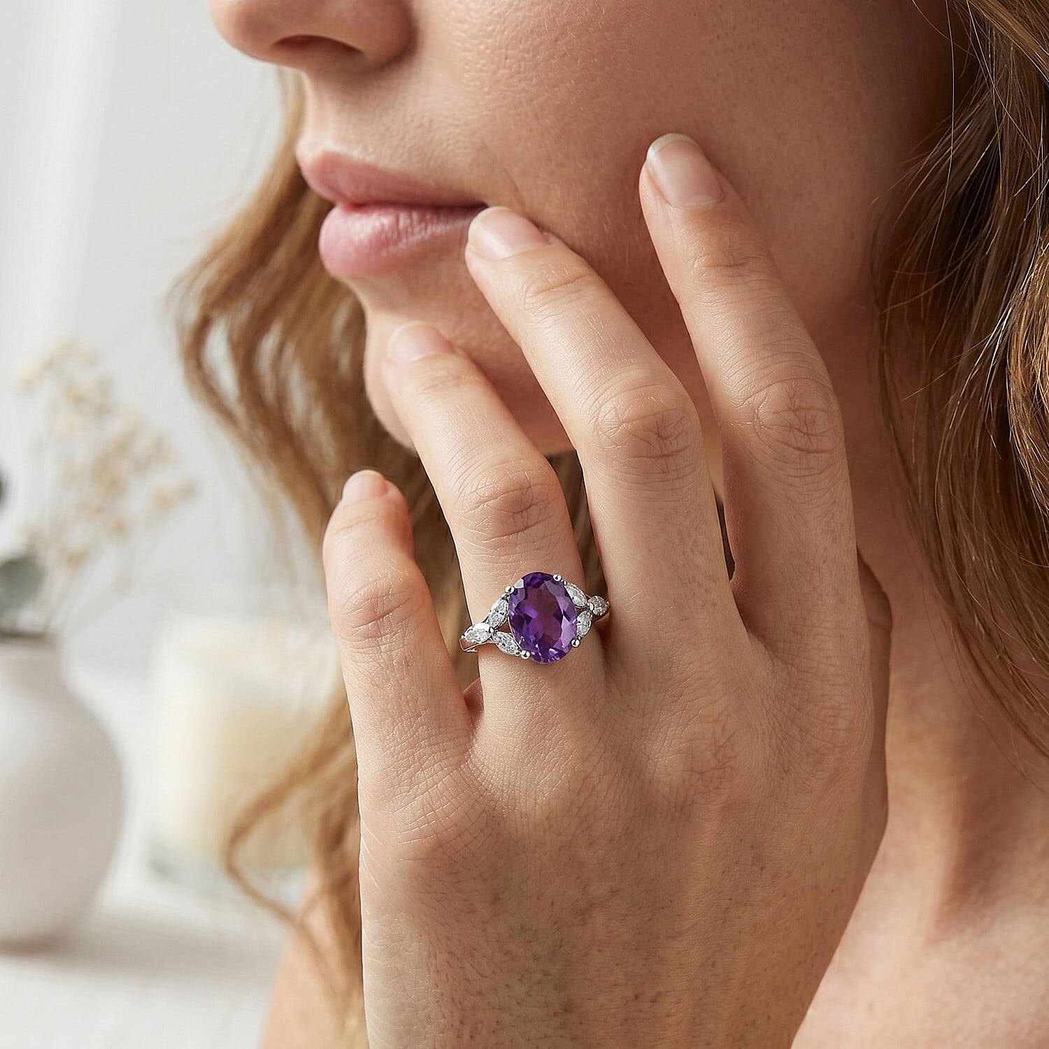 D'Joy African Amethyst Moissanite Main Stone With Side Stone Ring in Sterling Silver