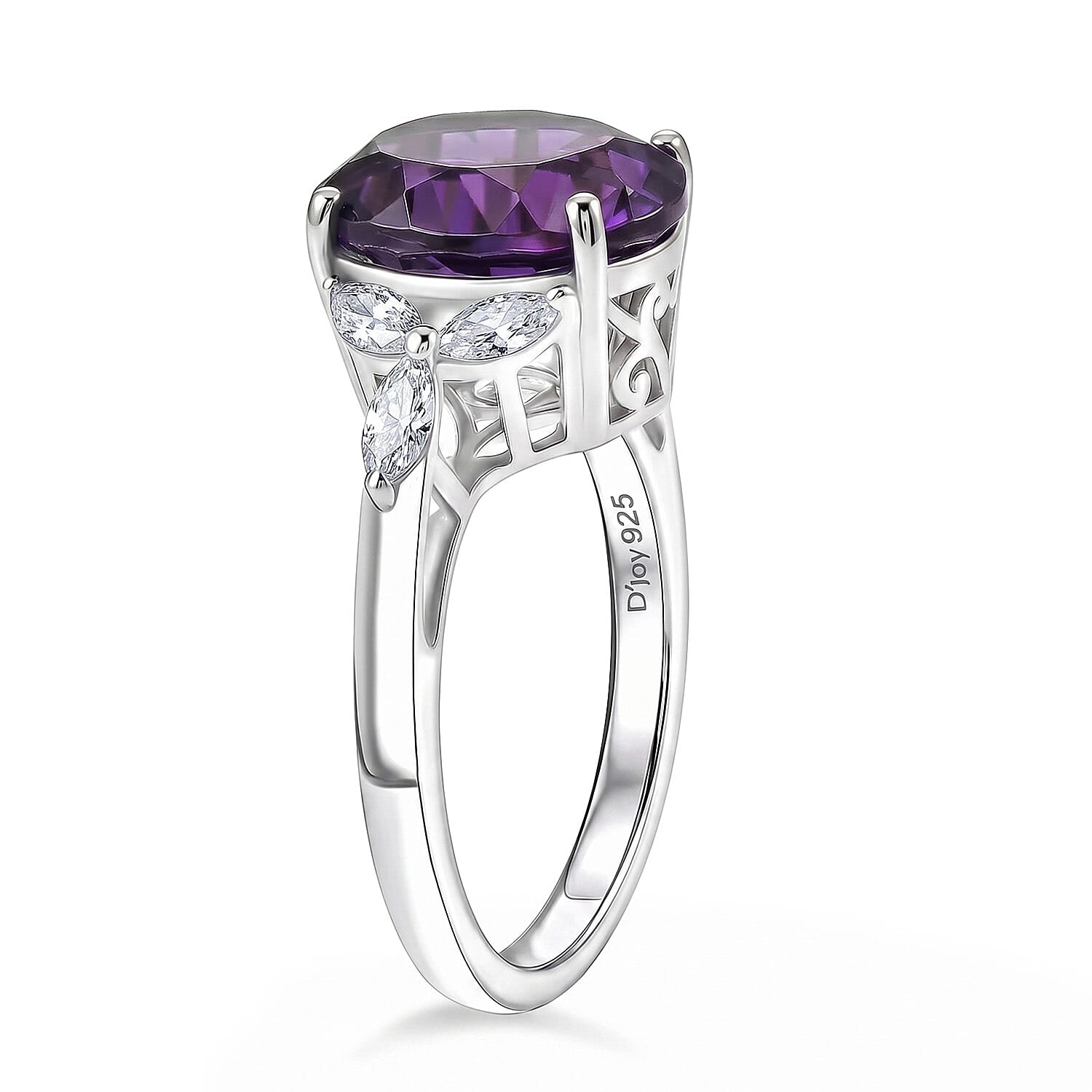 D'Joy African Amethyst Moissanite Main Stone With Side Stone Ring in Sterling Silver