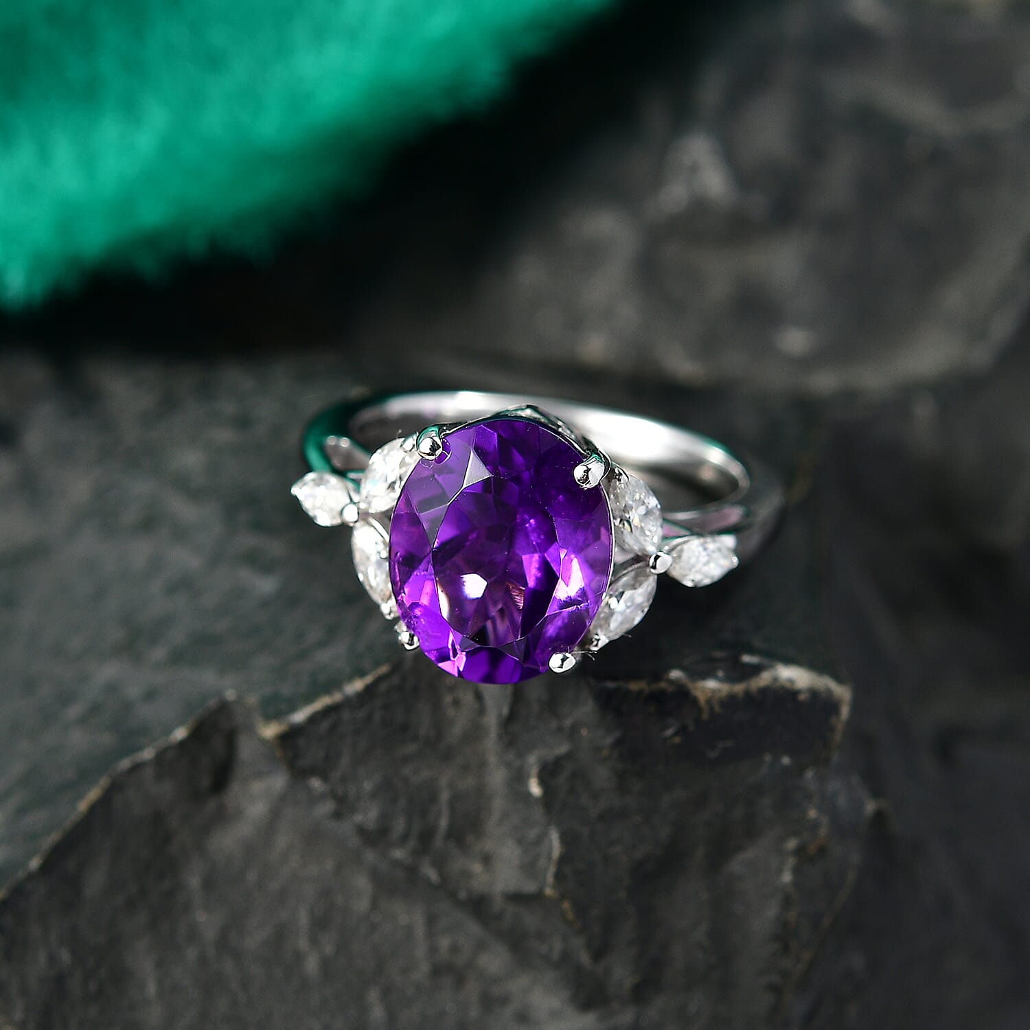 D'Joy African Amethyst, Moissanite Main Stone With Side Stone Ring in Rhodium OverlaySterling Silver  3.644  Ct.