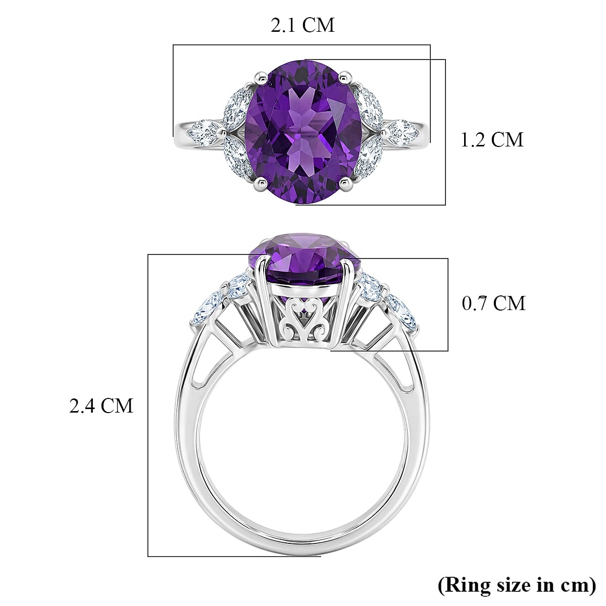 D'Joy African Amethyst, Moissanite Main Stone With Side Stone Ring in Rhodium OverlaySterling Silver  3.644  Ct.