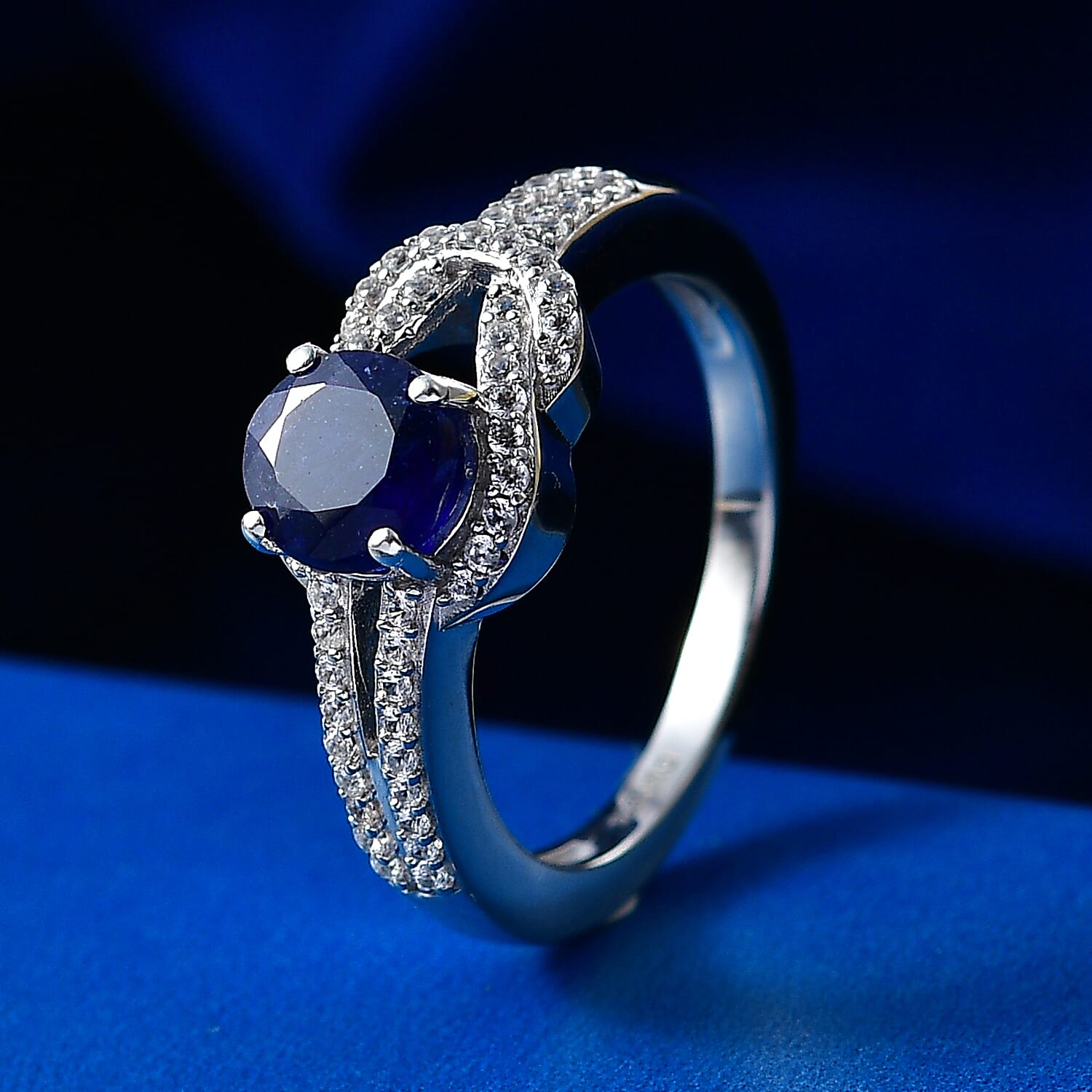D'Joy Fissure Filled Blue Sapphire, White Zircon Fancy Ring in Rhodium OverlaySterling Silver  1.920  Ct.