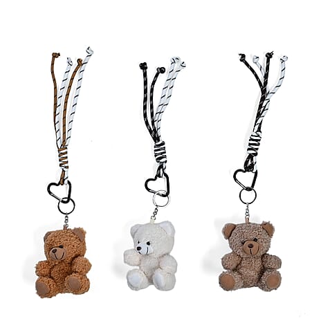 Set of 3 Teddy Bear Plush Keychains (24cm) - Khaki, Brown & White