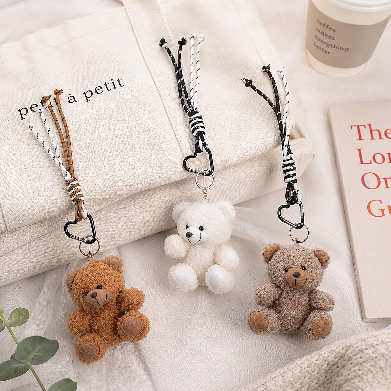 Set of 3 Teddy Bear Plush Keychains (24cm) - Khaki, Brown & White