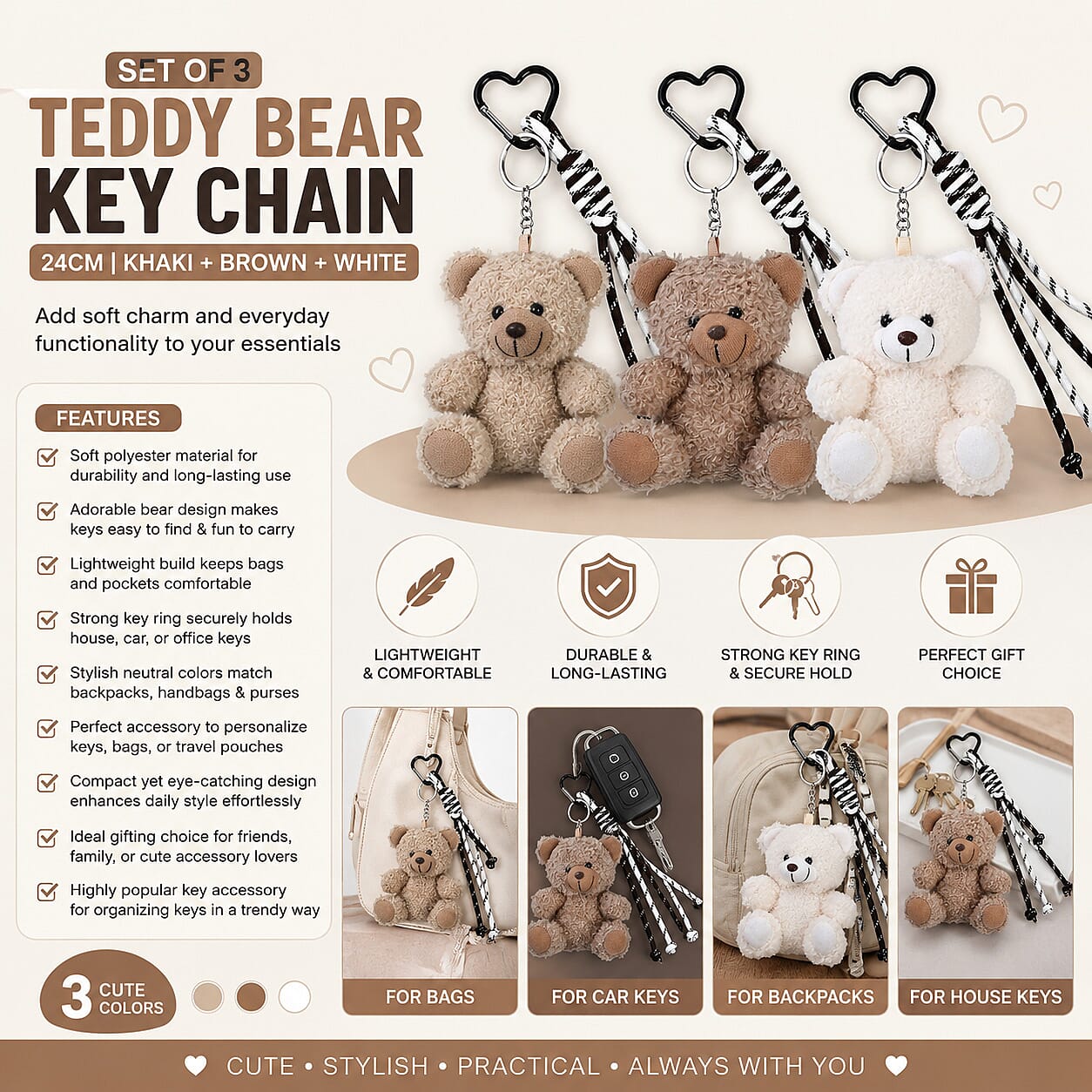 Set of 3 Teddy Bear Plush Keychains (24cm) - Khaki, Brown & White