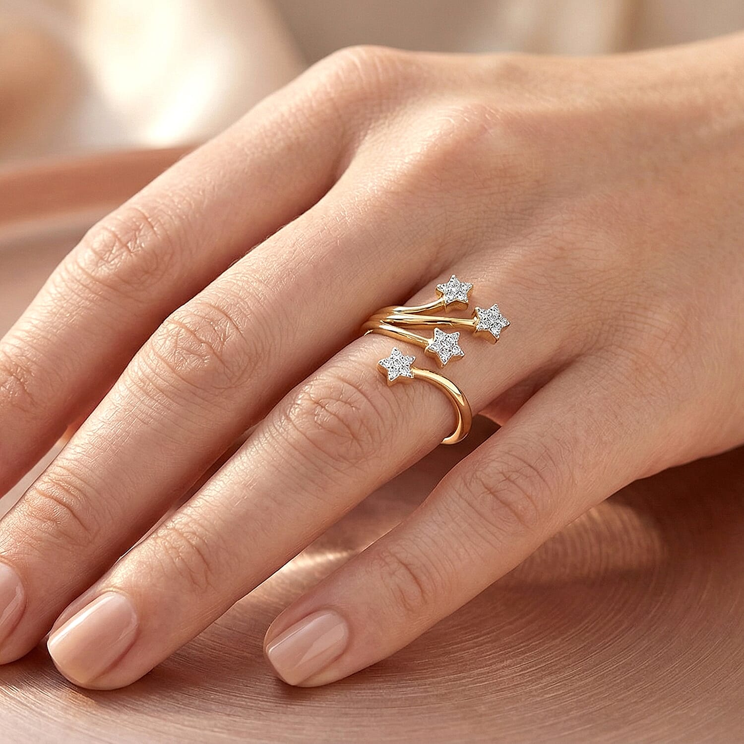 GP - White Diamond & Kanchanaburi Blue Sapphire Star Ring in 18K Vermeil Yellow Gold Plated Sterling Silver