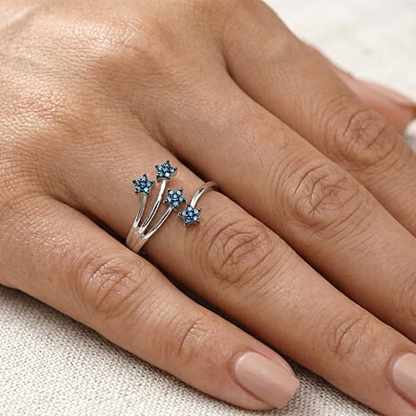 GP - Blue Diamond & Blue Sapphire Shooting Star Ring in Rhodium Overlay Sterling Silver