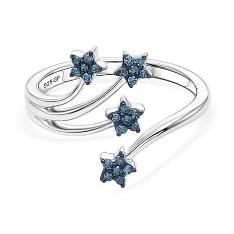 GP - Blue Diamond & Blue Sapphire Star Ring in Rhodium Overlay Sterling Silver