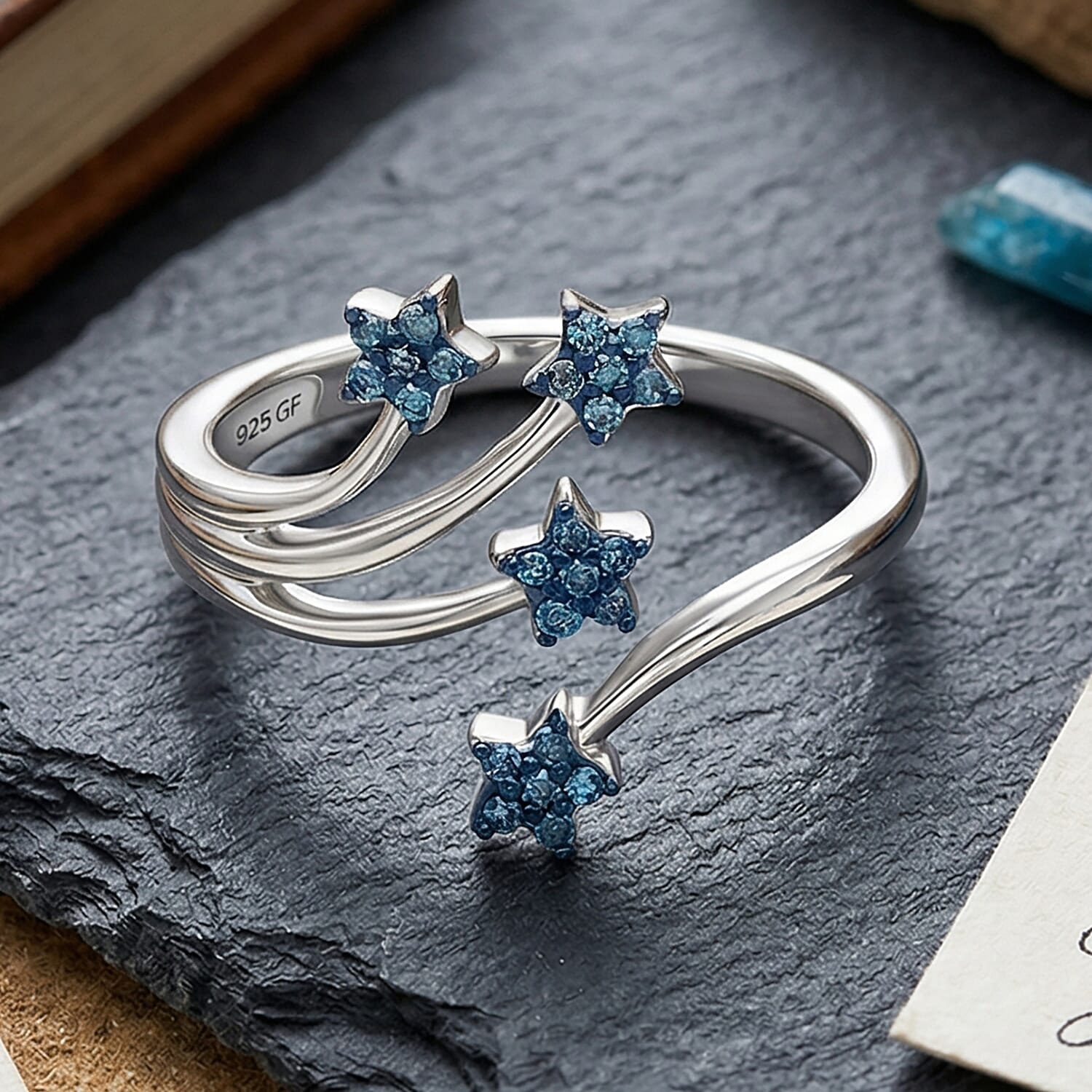 GP - Diamond & Kanchanaburi Blue Sapphire Star Ring in Sterling Silver