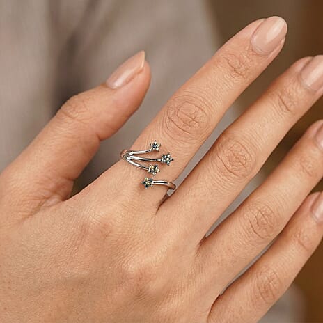 GP - Multi Diamond & Blue Sapphire Shooting Star Ring in Rhodium Overlay Sterling Silver