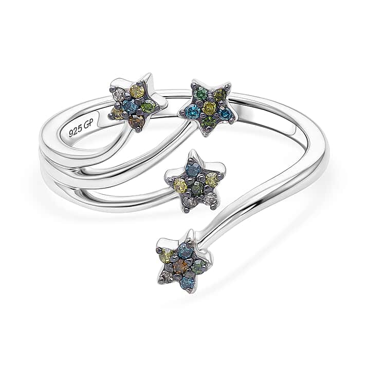GP - Multi Diamond & Blue Sapphire Shooting Star Ring in Rhodium Overlay Sterling Silver
