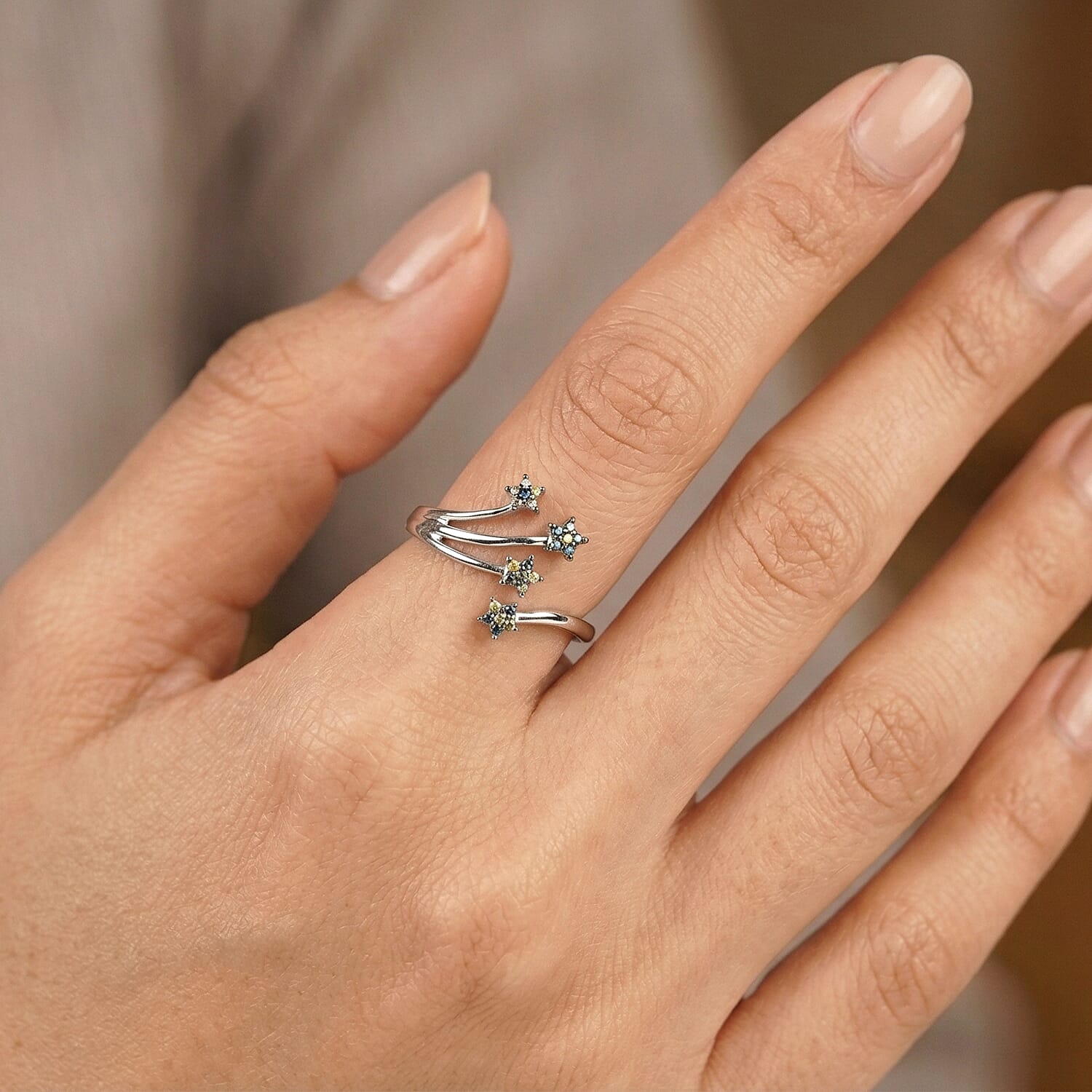 GP Blue Diamond, Multi Gemstones Ring in Rhodium OverlaySterling Silver  0.130  Ct.