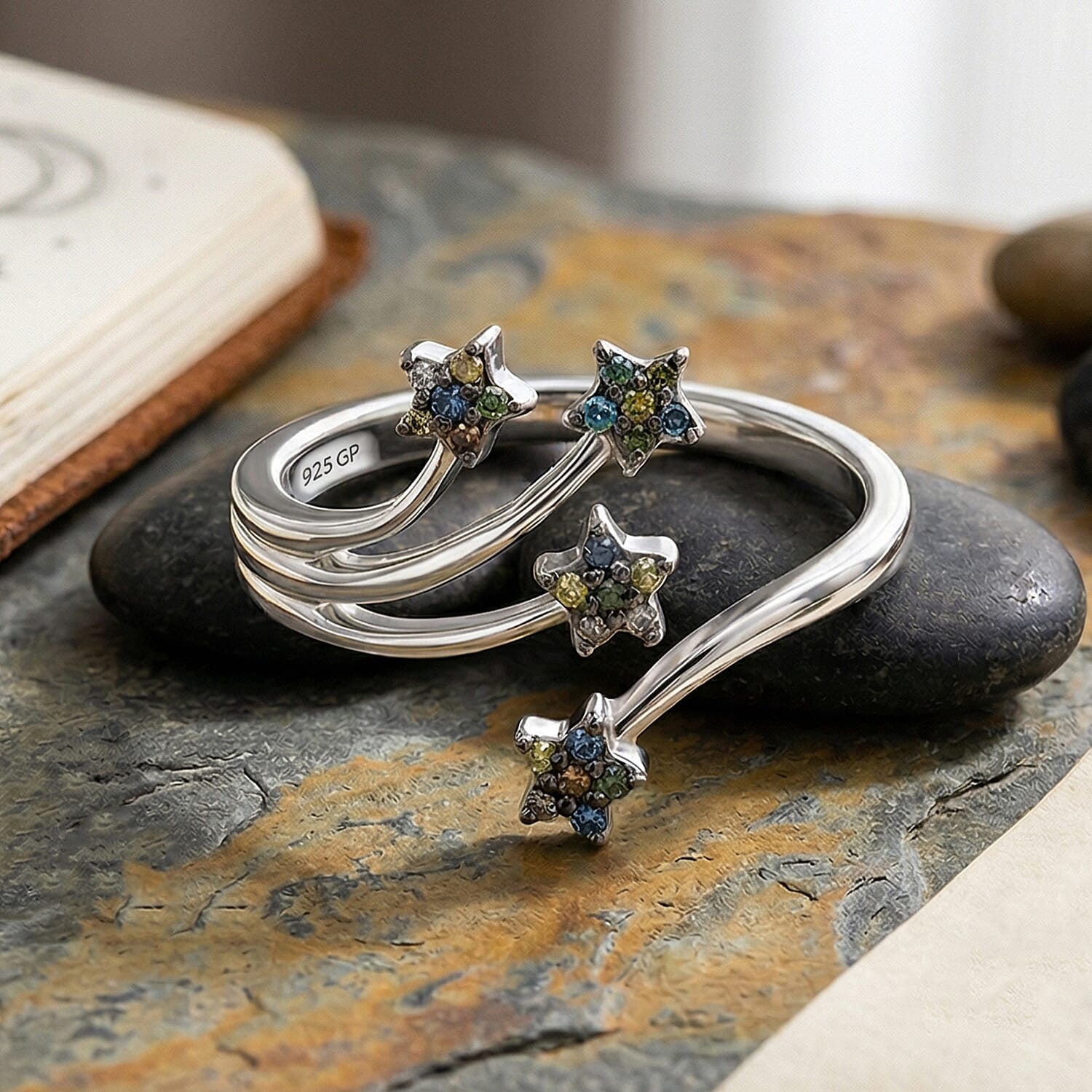 GP Blue Diamond, Multi Gemstones Ring in Rhodium OverlaySterling Silver  0.130  Ct.