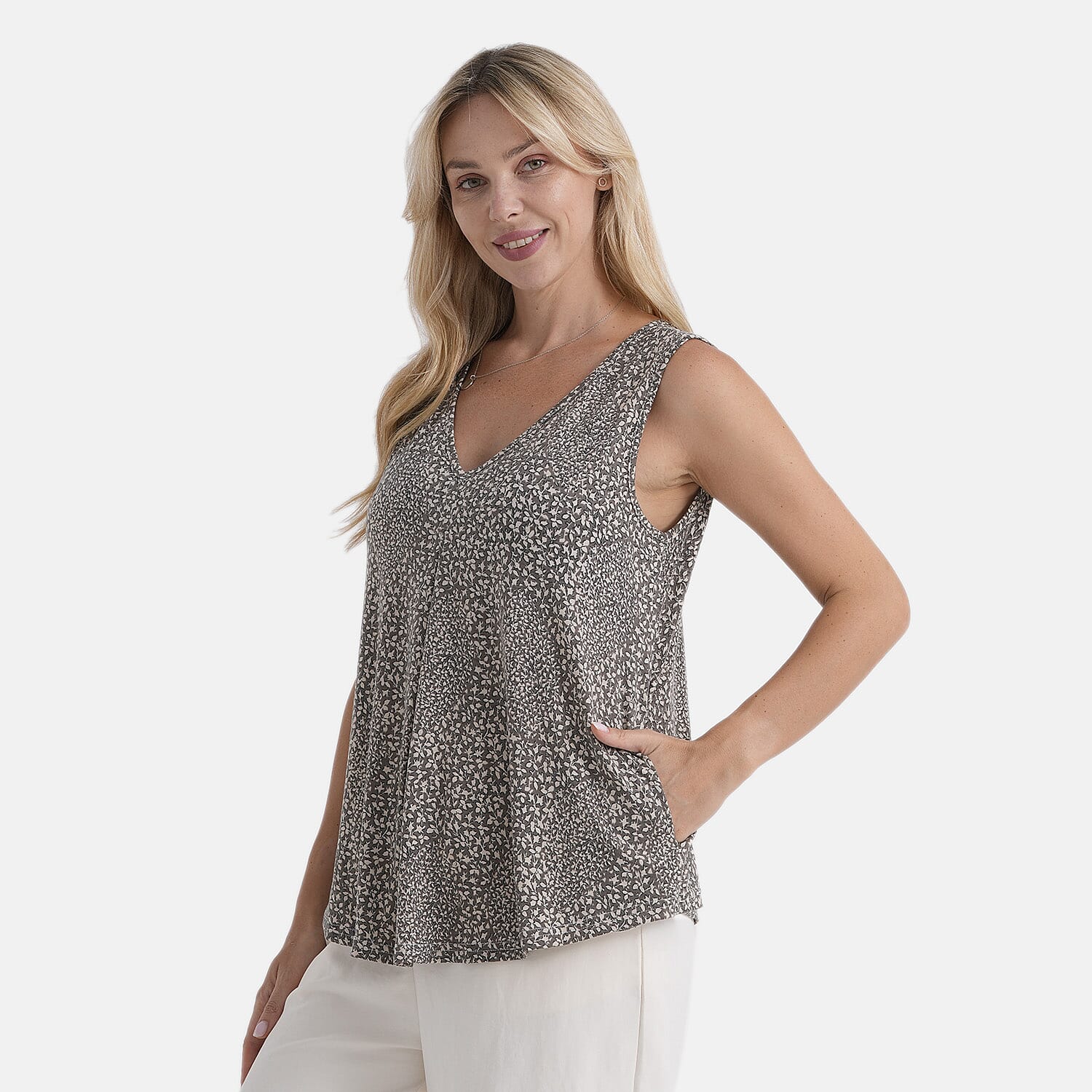 La Marey Pleated V-Neck Floral Tunic Top (One Size, 8-18) - Stone