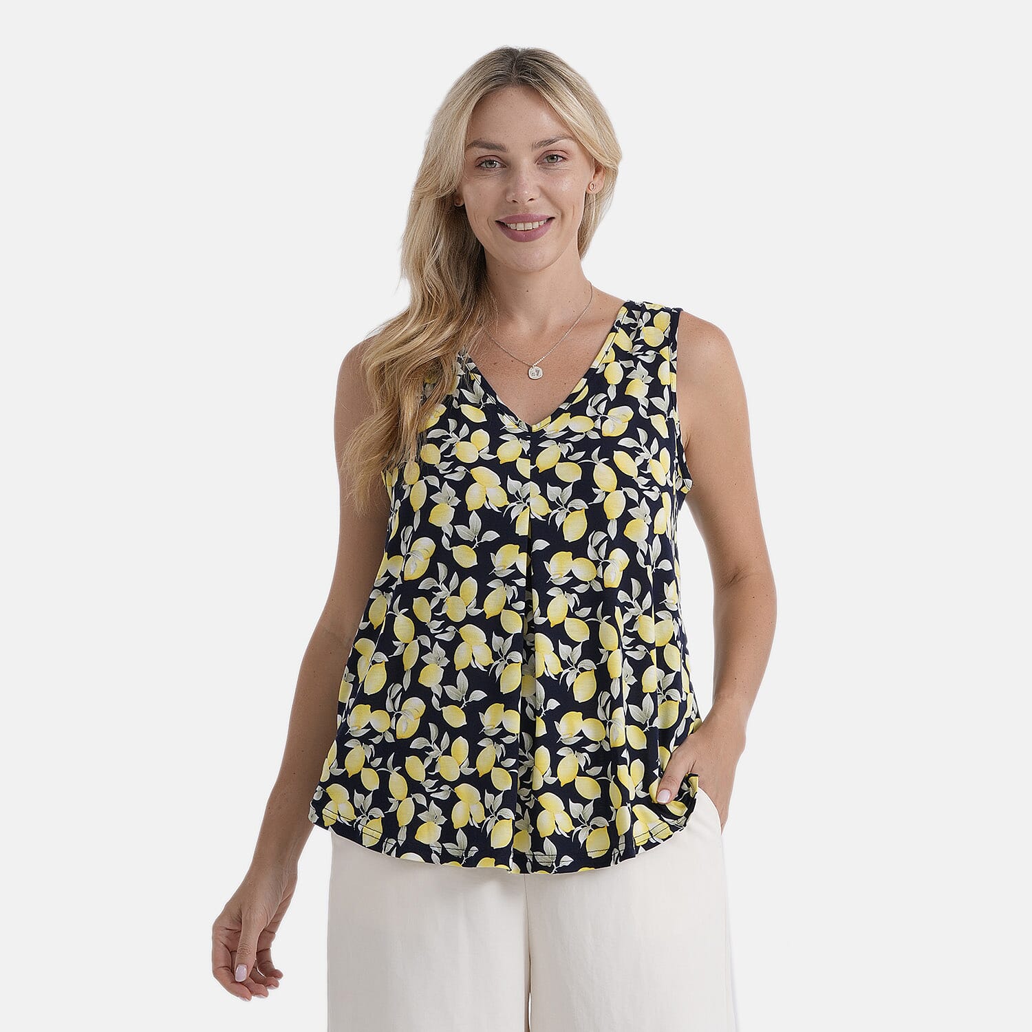 La Marey Lemon Pattern Pleated V-Neck Tunic Top (One Size, 8-18) - Lemon