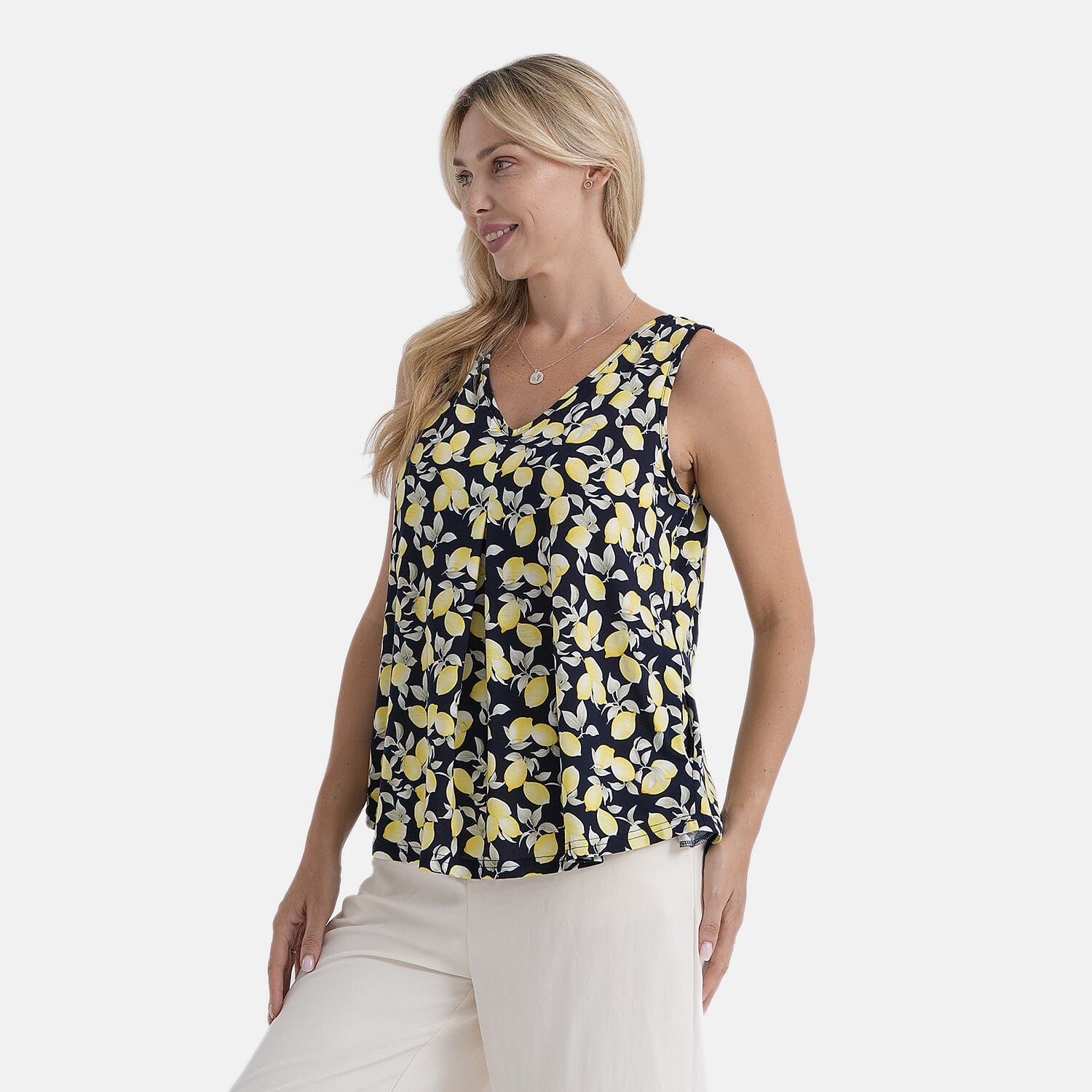 La Marey Lemon Pattern Pleated V-Neck Tunic Top (One Size, 8-18) - Lemon