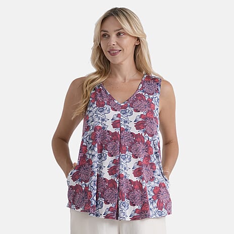La Marey Pleated V-Neck Floral Tunic Top (One Size, 8-18) - Red