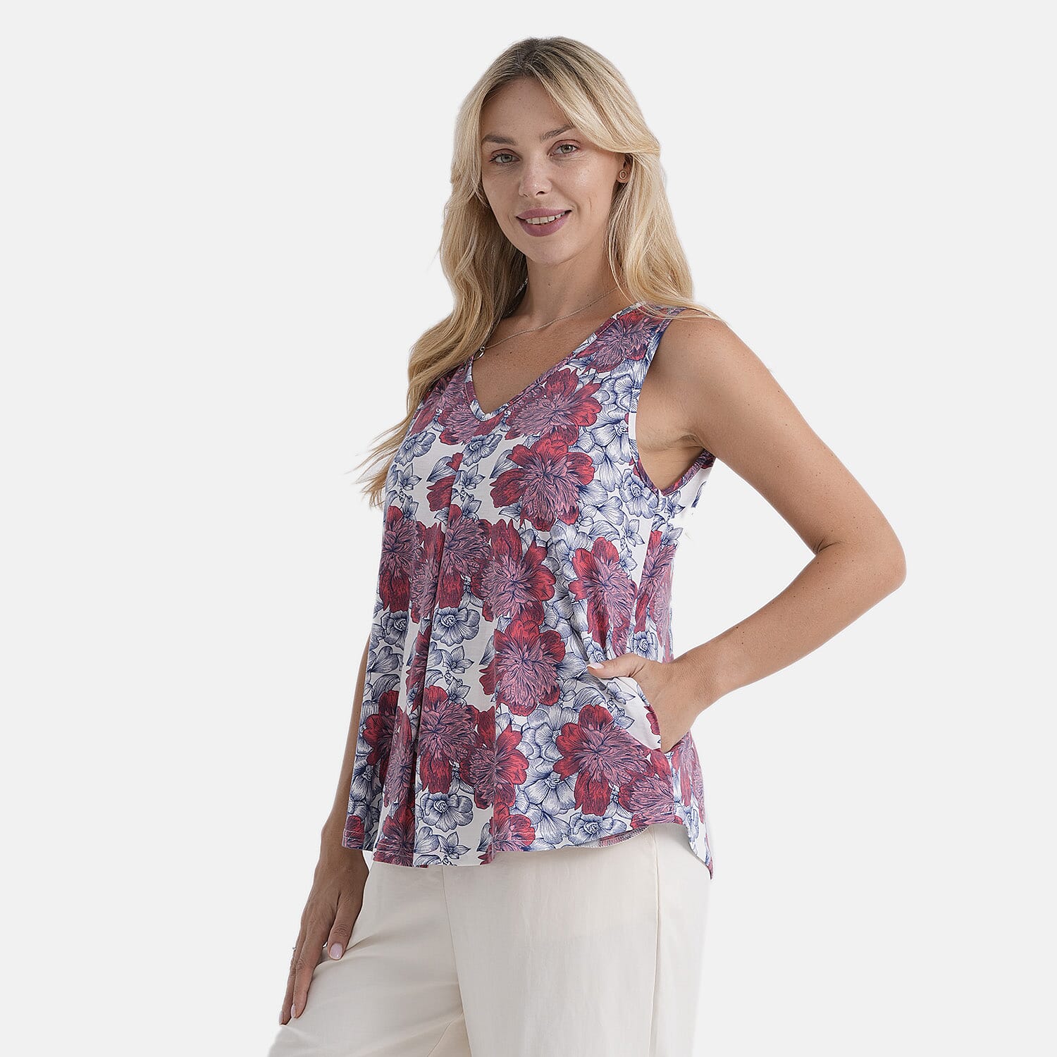 La Marey Pleated V-Neck Floral Tunic Top (One Size, 8-18) - Red