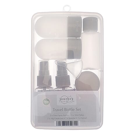 9-Piece Travel Bottle Set - Leak Proof Refillable Cosmetic Containers with Spray Pump Bottles and Funnel - Grey