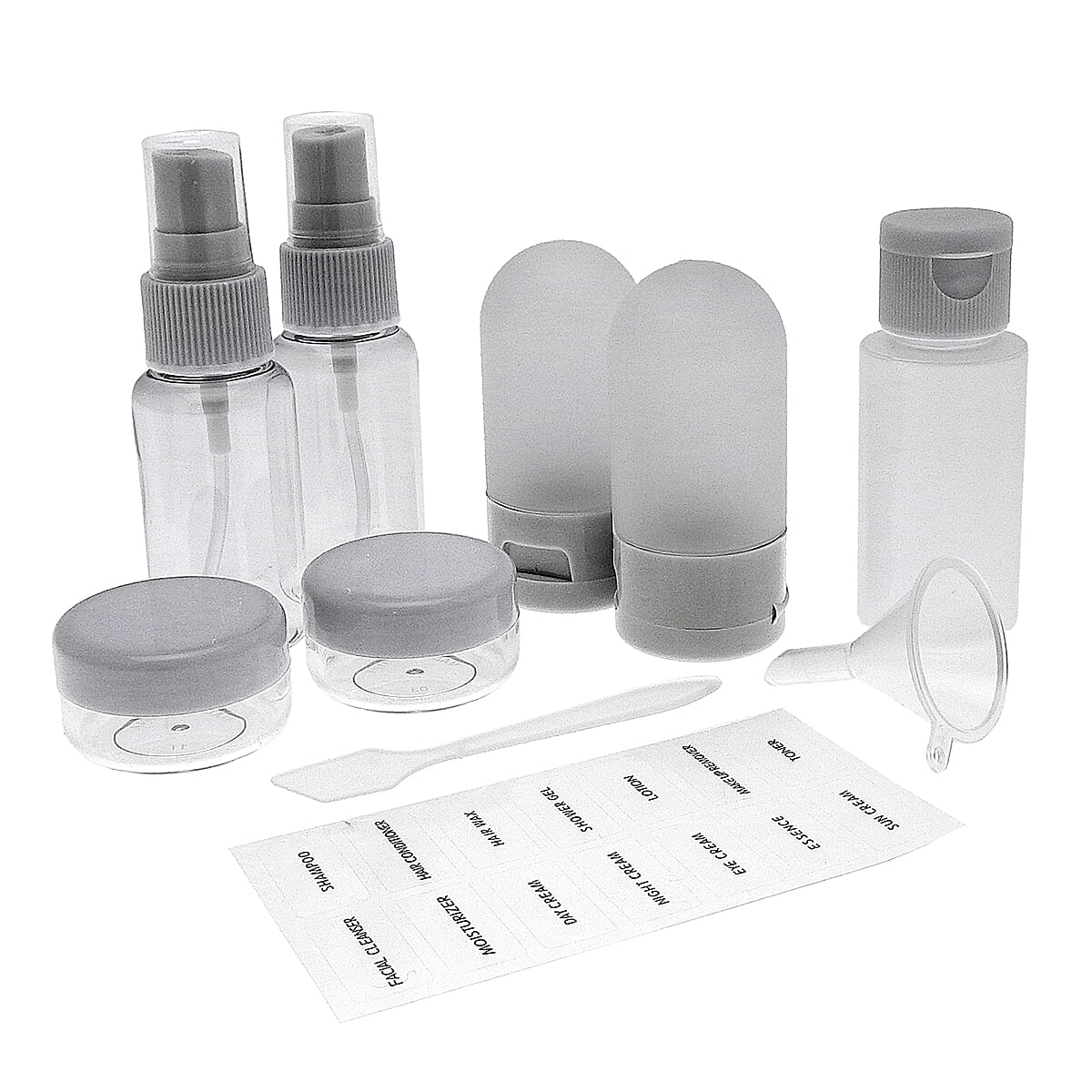 9-Piece Travel Bottle Set - Leak Proof Refillable Cosmetic Containers with Spray Pump Bottles and Funnel - Grey