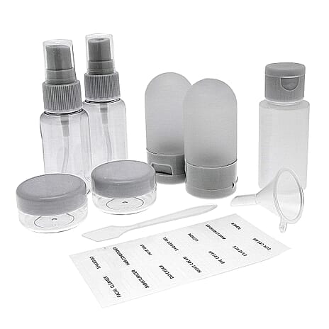 9-Piece Travel Bottle Set - Leak Proof Refillable Cosmetic Containers with Spray Pump Bottles and Funnel - Grey
