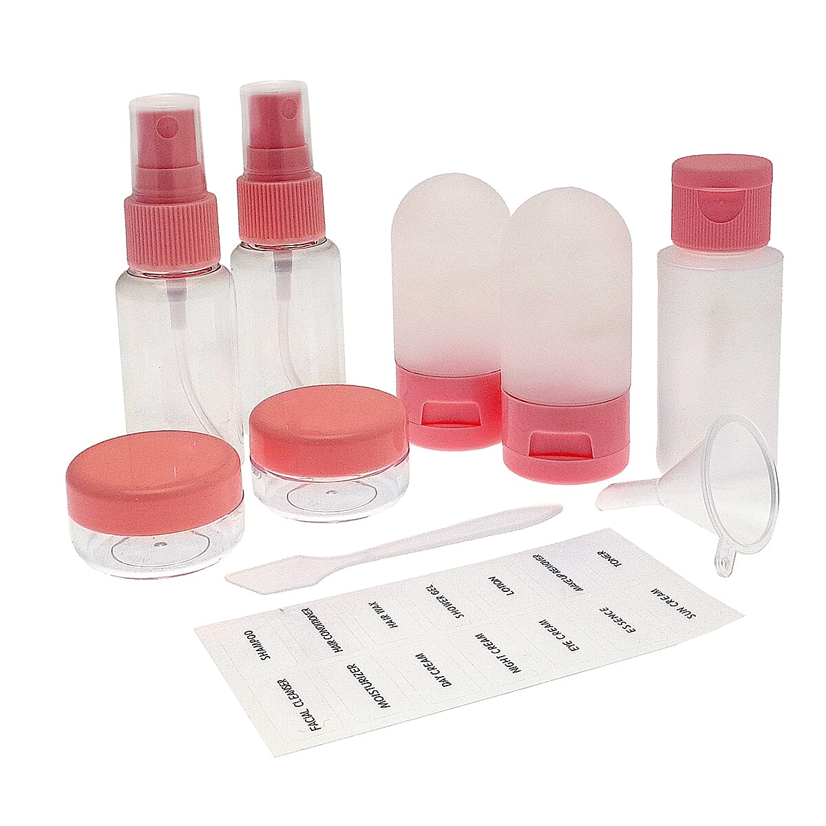 9-Piece Travel Bottle Set - Leak Proof Refillable Cosmetic Containers with Spray Pump Bottles and Funnel - Pink