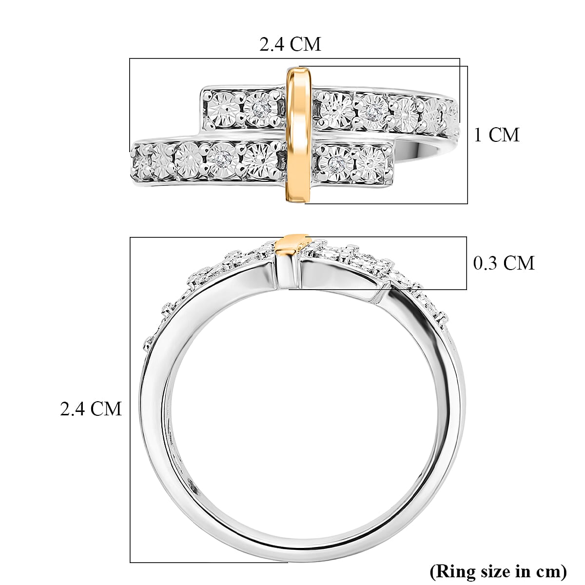 Natural White Diamond Bypass Ring in Platinum & Yellow Pen Plating