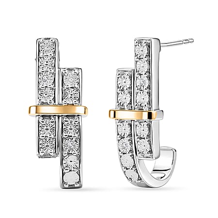Natural White Diamond J Hoop Earrings with Push Back in Platinum & Yellow Gold Plating