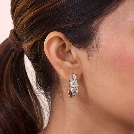 Natural White Diamond J Hoop Earrings with Push Back in Platinum & Yellow Gold Plating