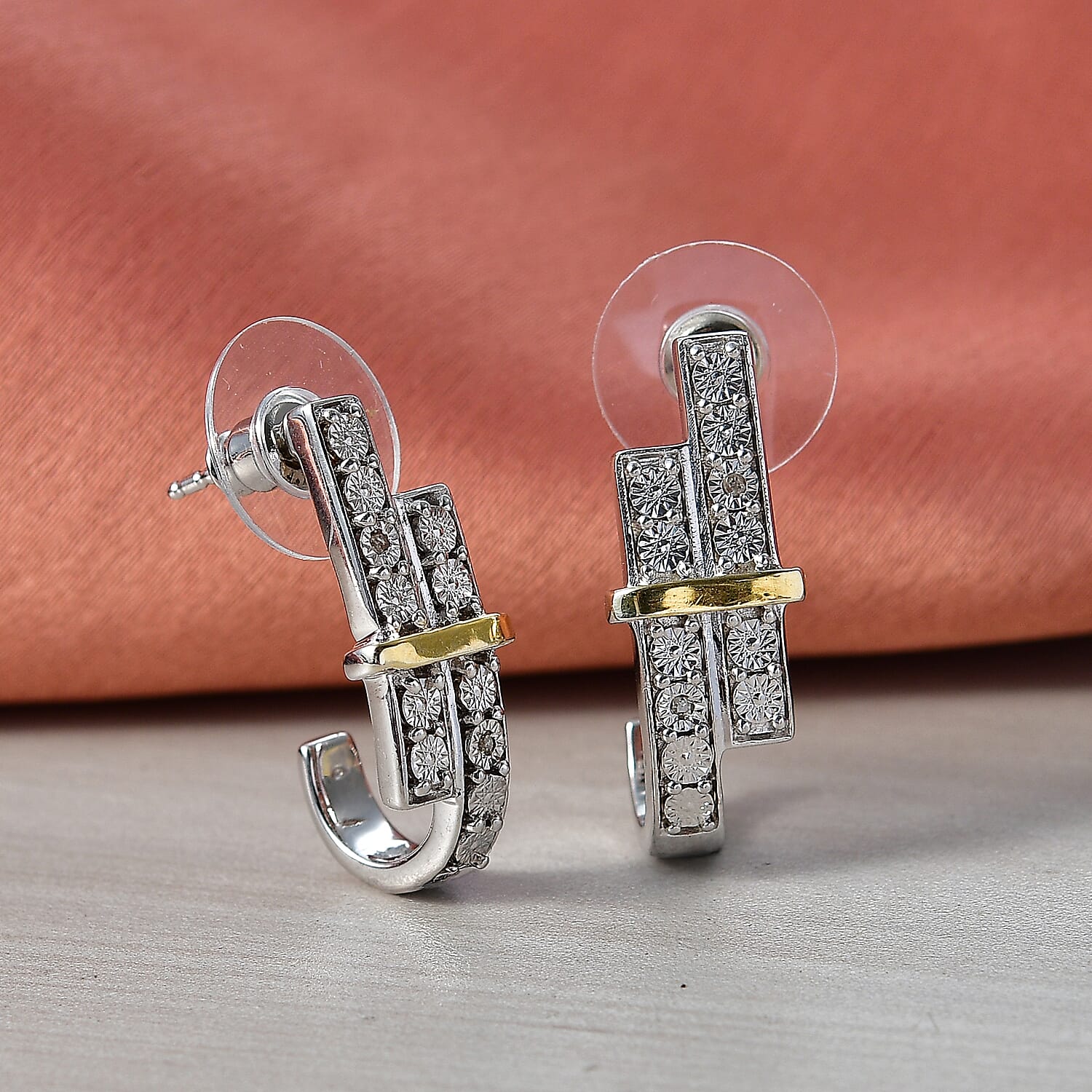 EverTrue - White Diamond J Hoop Earring with Push Back in Yellow Plating